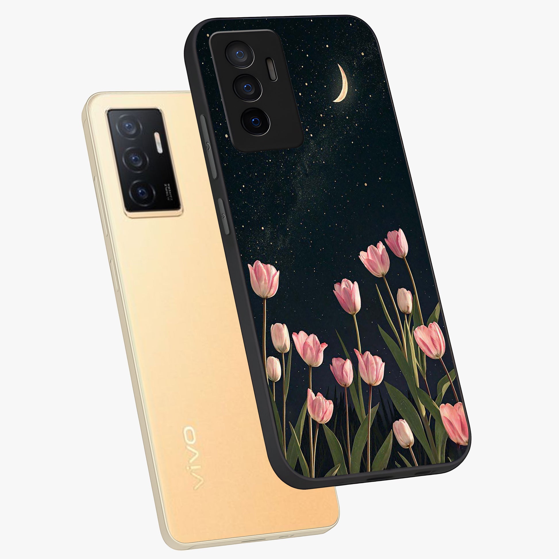 Midnight Tulip Whispers Vibe Glass Case displayed in angled mockup highlighting delicate tulip design with midnight floral aesthetic.