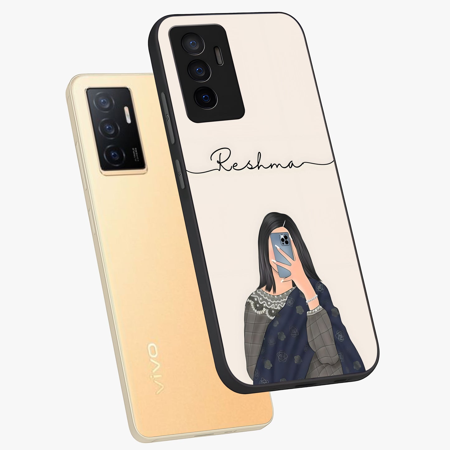 Mirror Mood Muse With Custom Name Glass Case displayed in angled mockup highlighting aesthetic mirror inspired design with custom name feature.