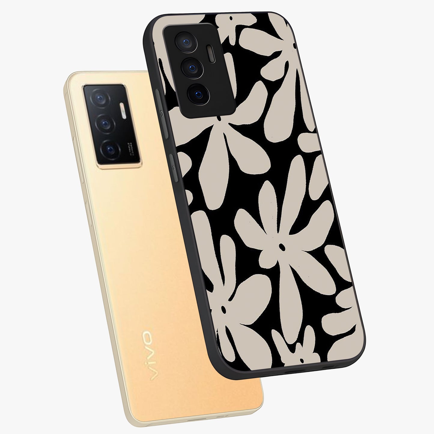 Monochrome Petal Dance Glass Case displayed in angled mockup highlighting elegant petal design with black and white aesthetic.