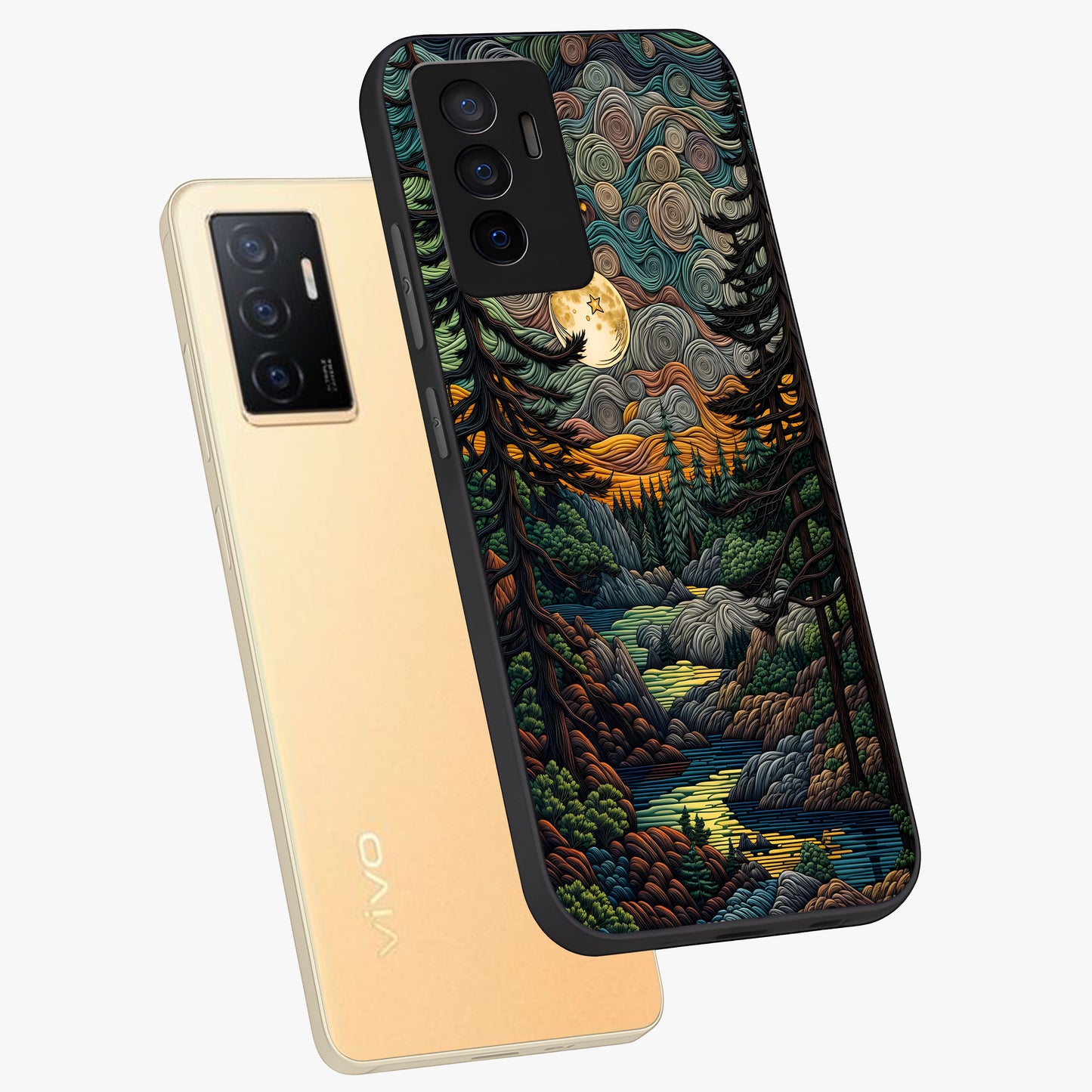 Moonlight Forest Dream Glass Case displayed in angled mockup highlighting dreamy forest design with glowing moon aesthetic.