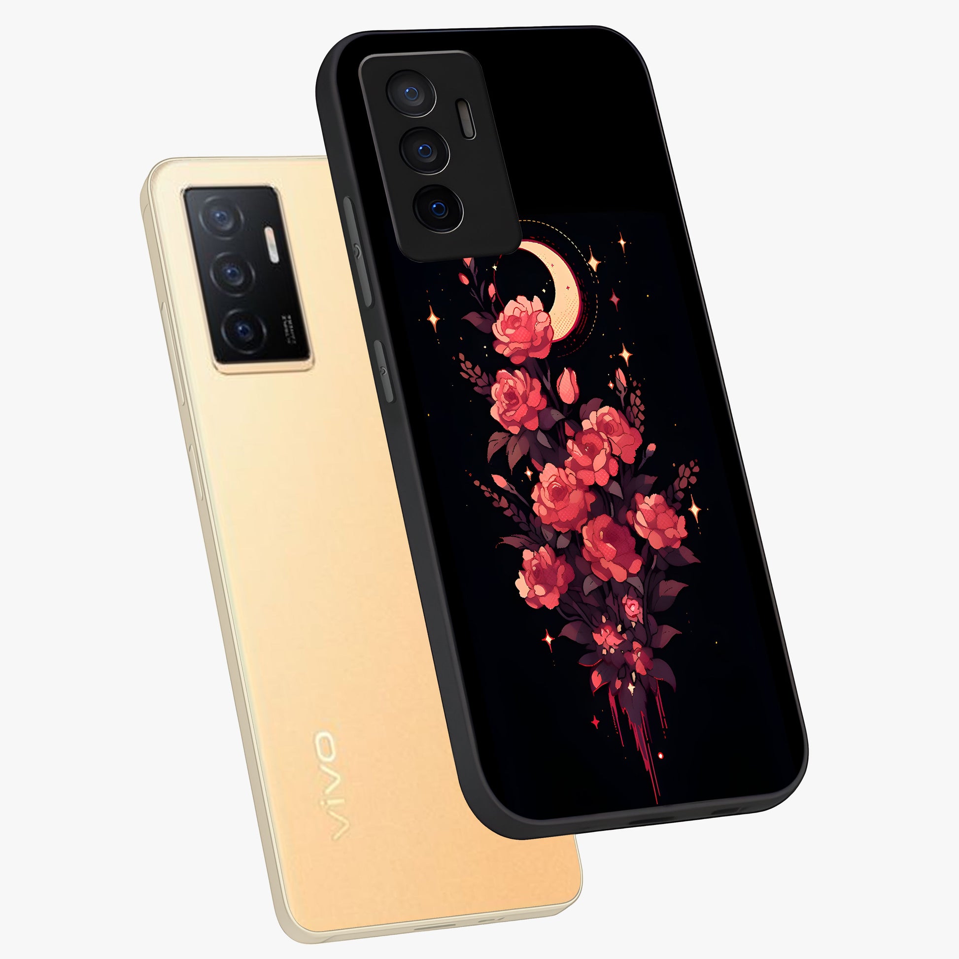 Moonlit Floral Elegance Glass Case displayed in angled mockup highlighting graceful flower design with soft moonlight aesthetic.