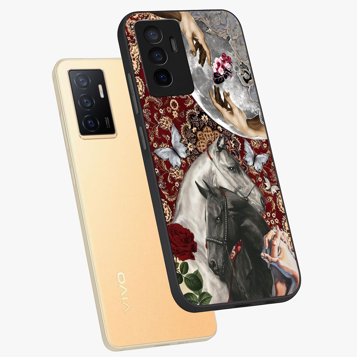 Moonlit Royal Stallion Glass Case displayed in angled mockup highlighting powerful stallion illustration with royal night aesthetic.