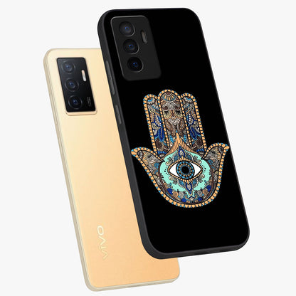 Mystic Hamsa Eye Glass Case displayed in angled mockup highlighting spiritual hamsa symbol with mystical aesthetic style.