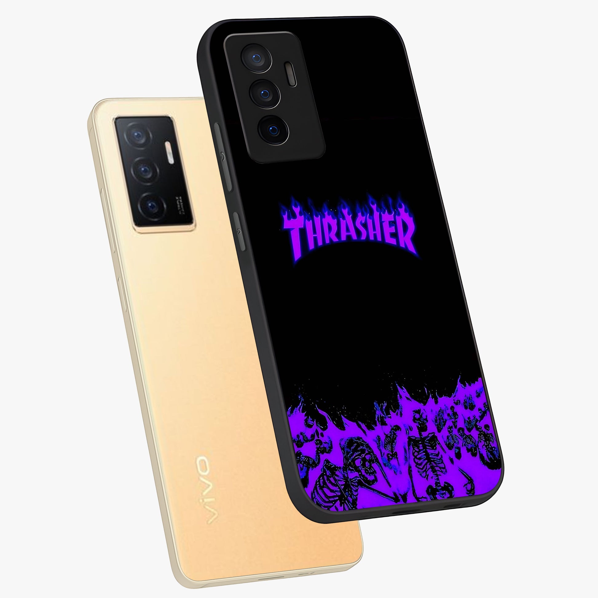 Neon Flame Riot Glass Case displayed in angled mockup highlighting glowing flame design with vibrant neon aesthetic.