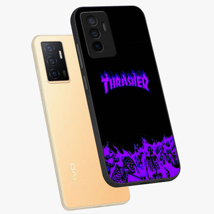 Neon Flame Riot Glass Case displayed in angled mockup highlighting glowing flame design with vibrant neon aesthetic.
