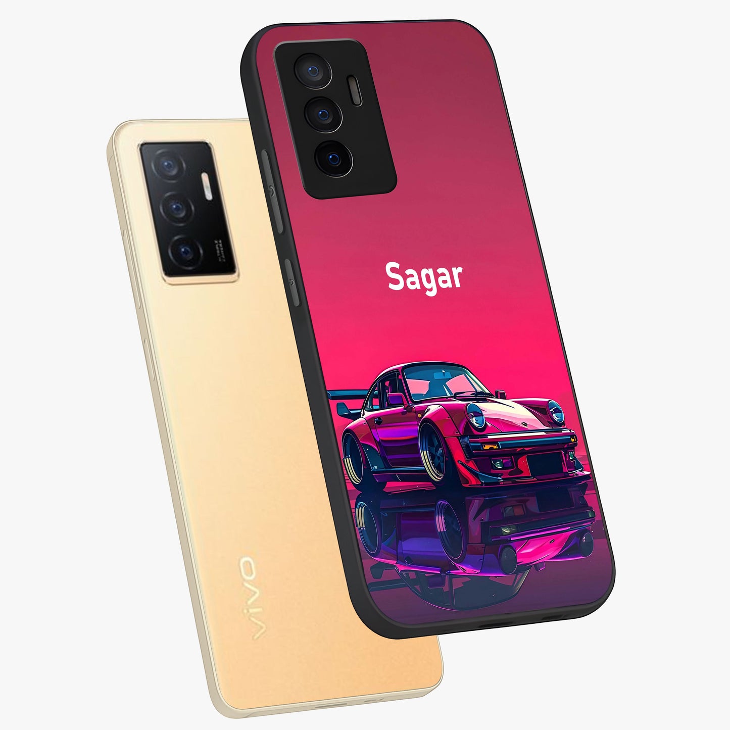 Neon Pink Porsche Glass Case displayed in angled mockup highlighting sleek neon pink car design with racing aesthetic.