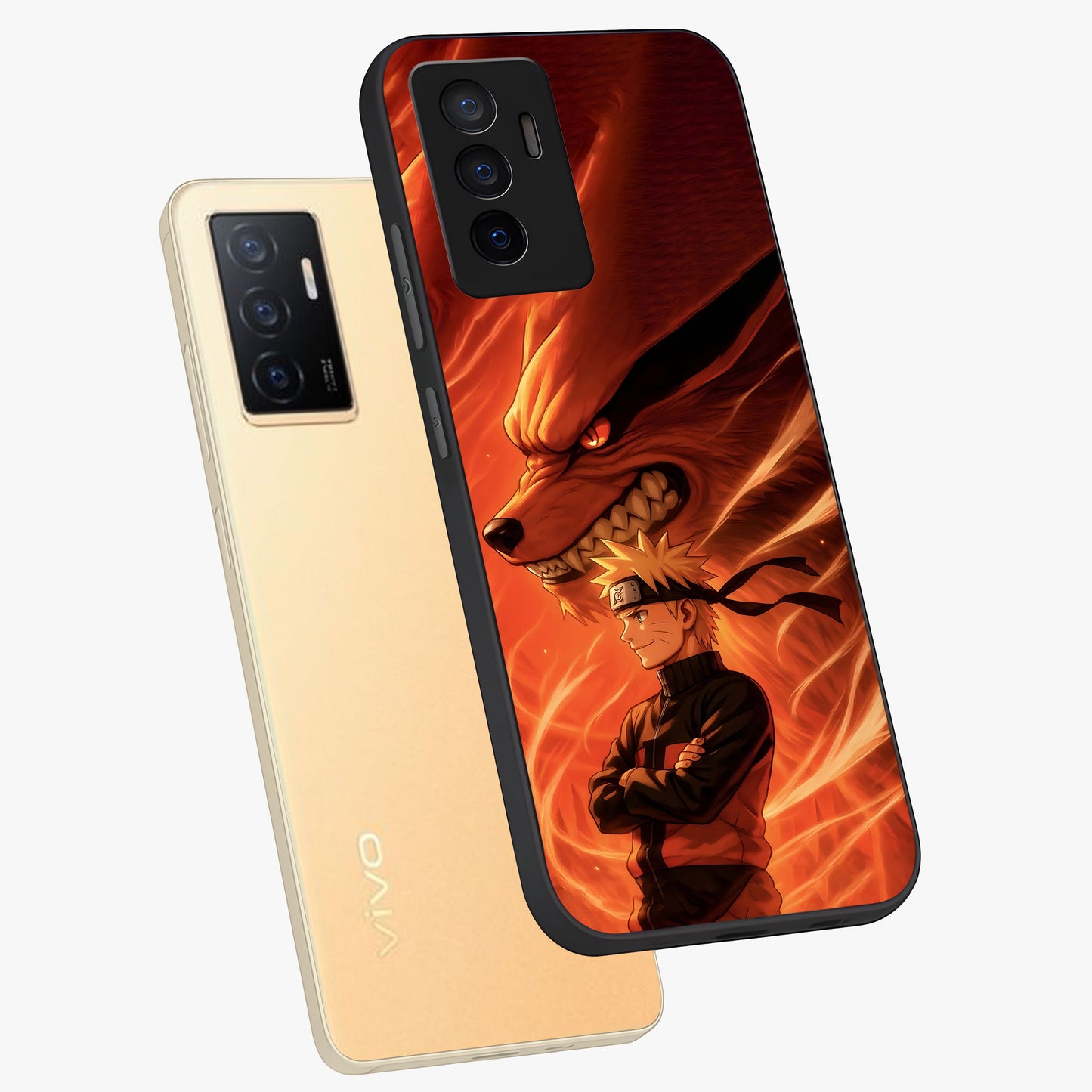 Nine Tails Legacy Glass Case displayed in angled mockup highlighting dynamic anime beast illustration with bold mystical aesthetic.