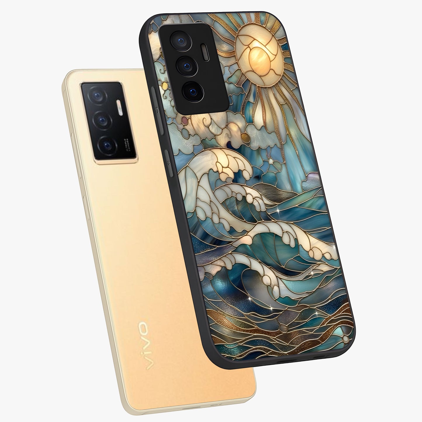 Oceanic Stained Printed Glass Case displayed in angled mockup highlighting colorful aquatic design with artistic aesthetic style.