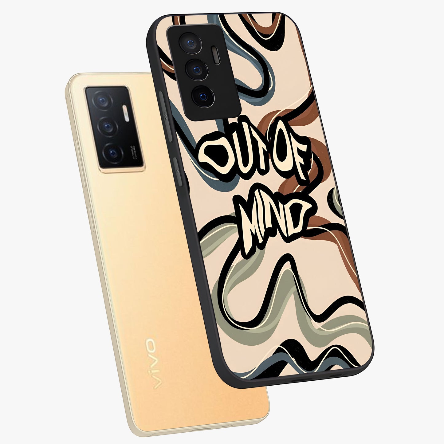 Out Of Mind Glass Case displayed in angled mockup highlighting bold statement design with modern artistic aesthetic.