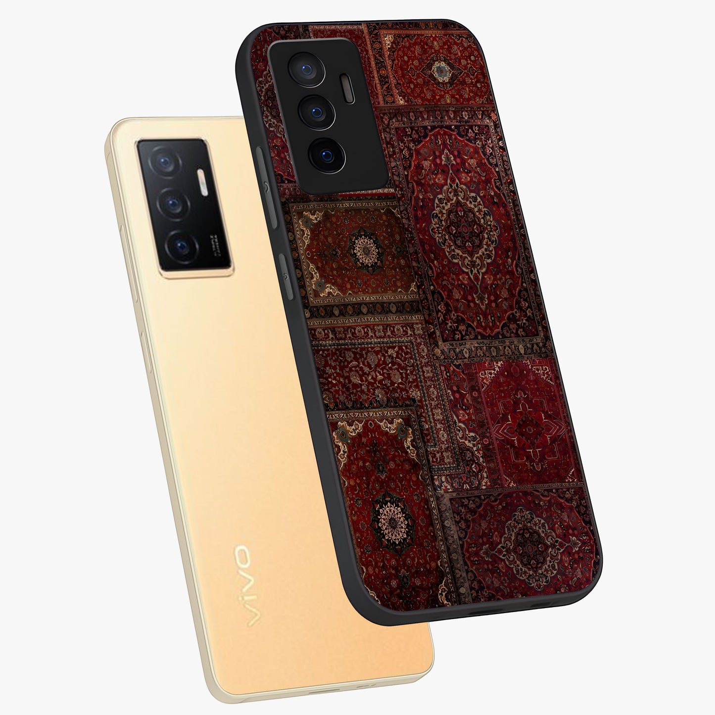 Persian Velvet Tale Glass Case displayed in angled mockup highlighting ornate textile inspired design with royal aesthetic.
