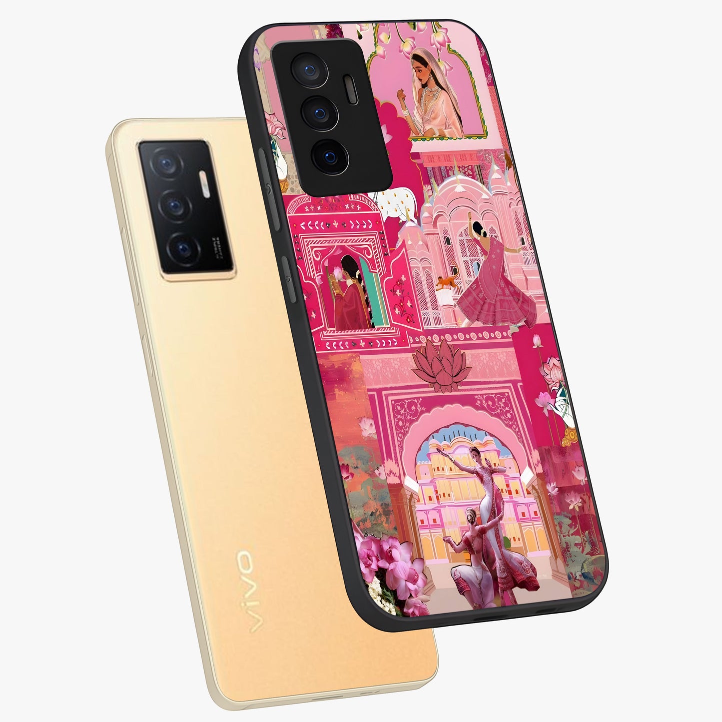 Pink Palace Muse Glass Case displayed in angled mockup highlighting dreamy palace illustration with soft pink aesthetic.