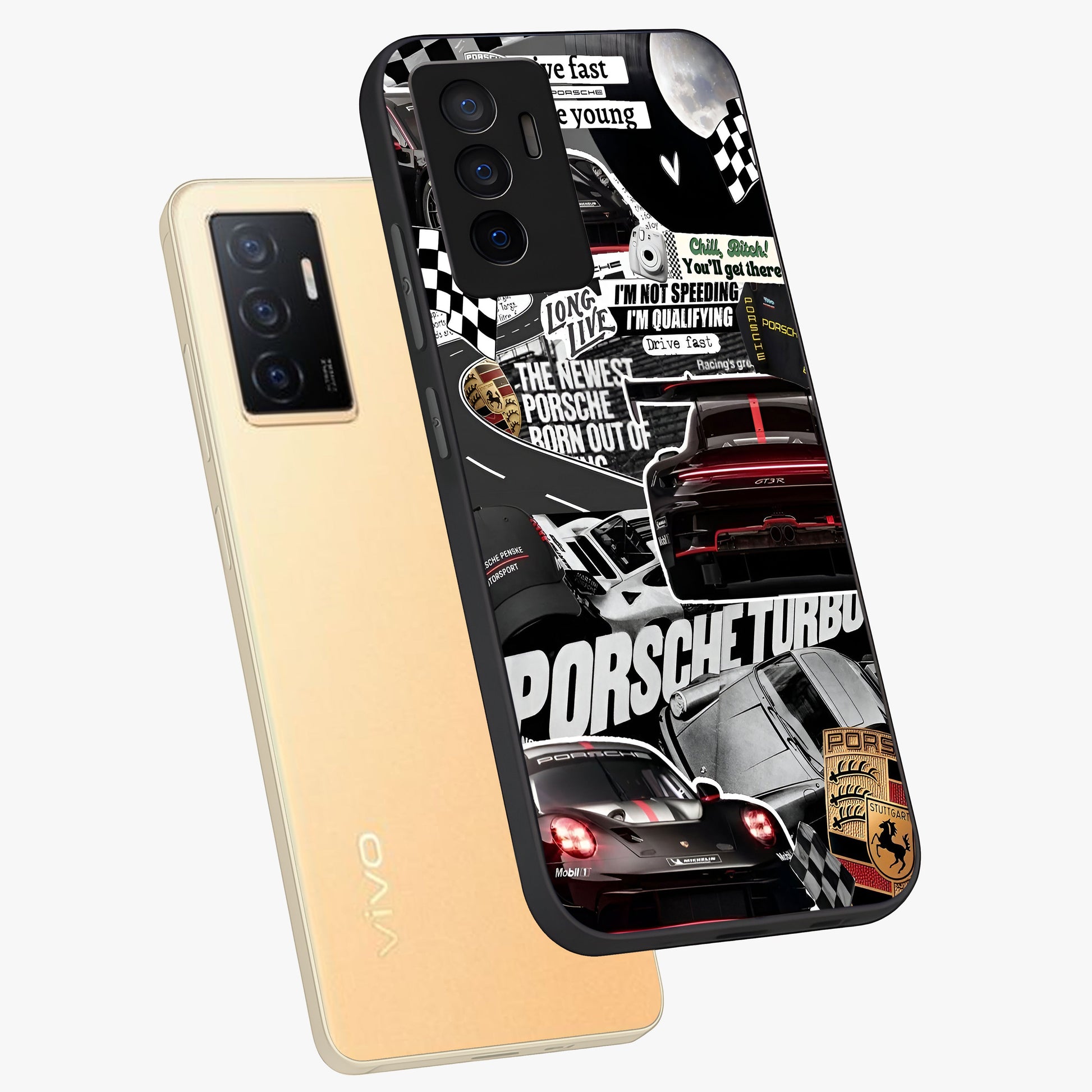 Porsche Racing Collage Glass Case displayed in angled mockup highlighting dynamic automotive design with bold racing aesthetic.