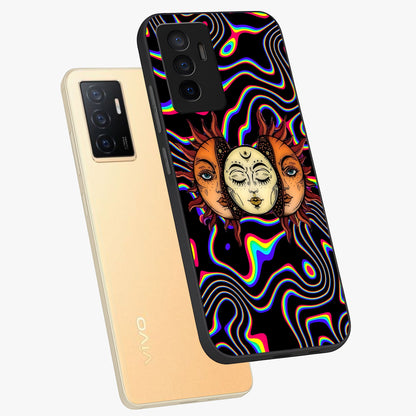 Psychedelic Sun Glass Case displayed in angled mockup highlighting vibrant abstract sun design with artistic aesthetic style.