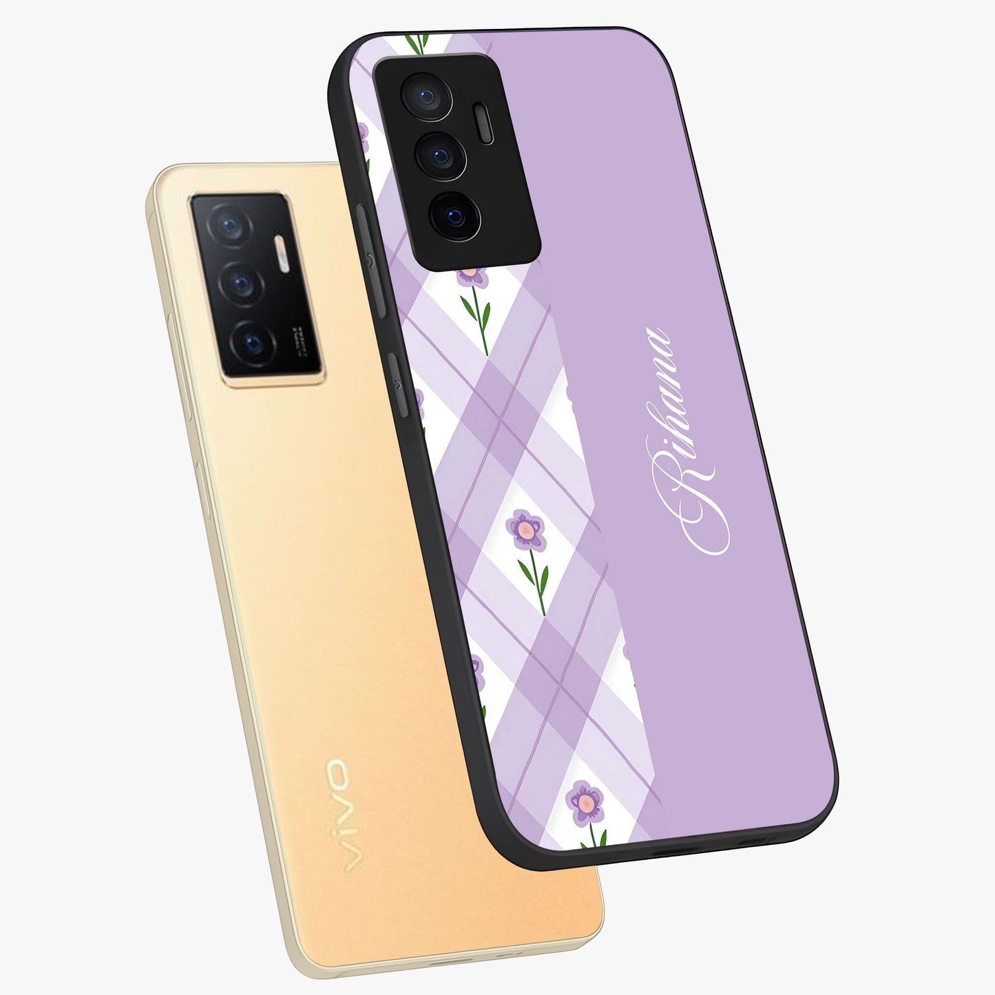 Purple Diamond Floral Glass Case displayed in angled mockup highlighting elegant purple flower design with decorative pattern.