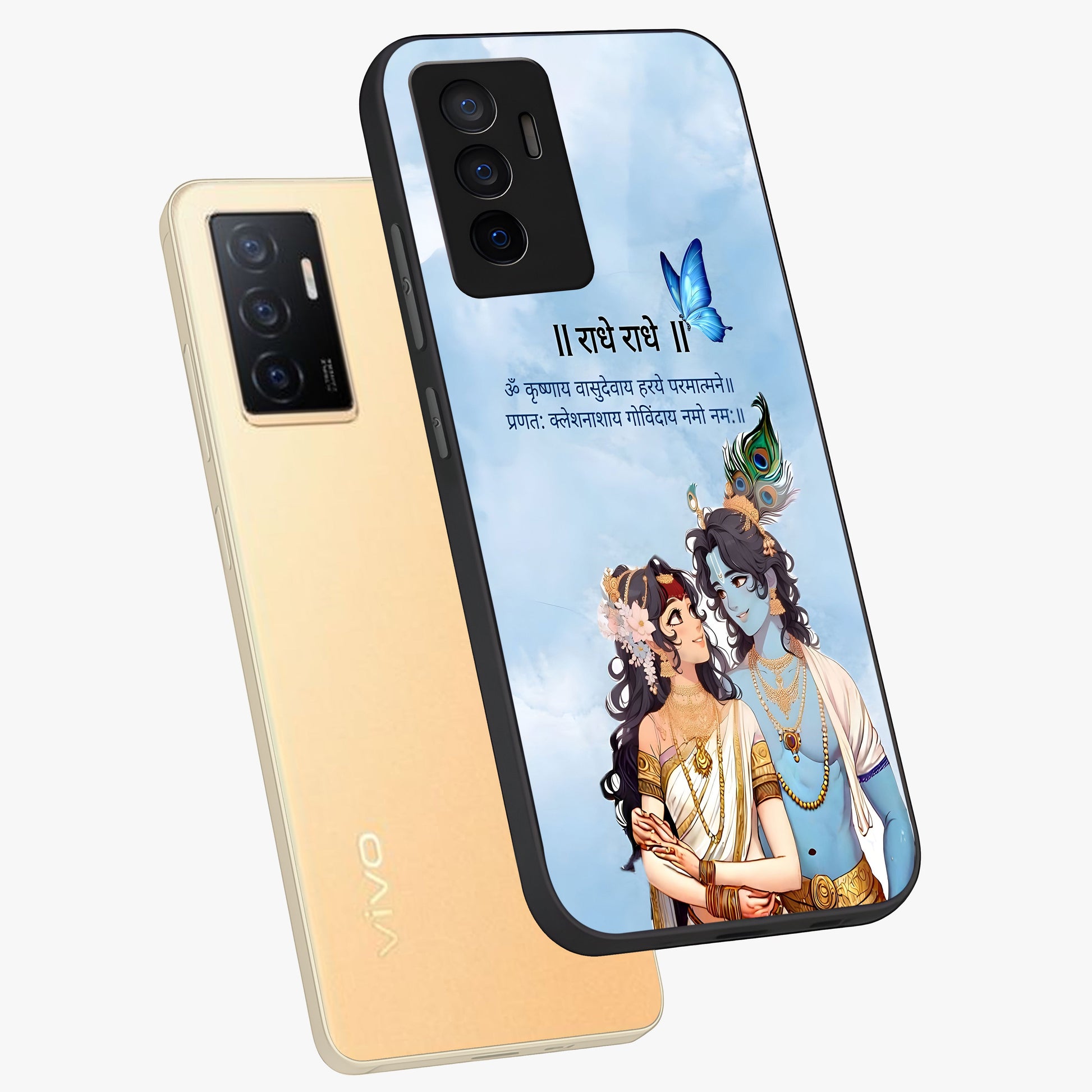 Radha Krishna Eternal Glass Case displayed in angled mockup highlighting divine Radha Krishna illustration with spiritual aesthetic.