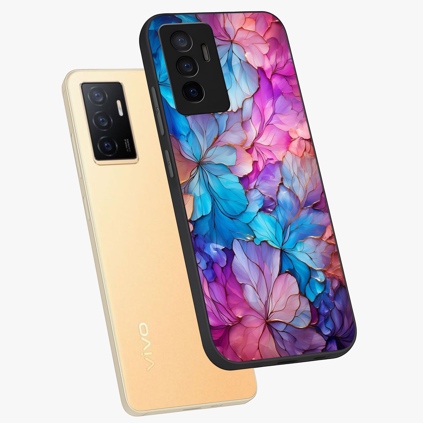 Radiant Floral Whirl Glass Case displayed in angled mockup highlighting vibrant flower pattern with dynamic artistic aesthetic.