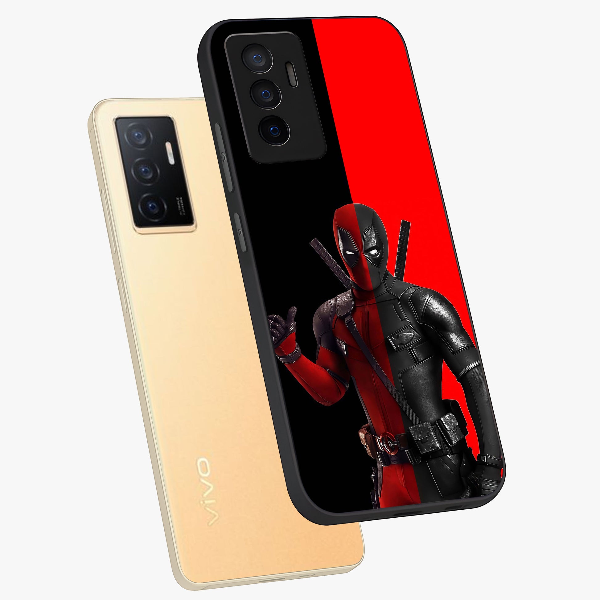 Red & Black Deadpool Theme Glass Case displayed in angled mockup highlighting vibrant superhero style illustration with action aesthetic.