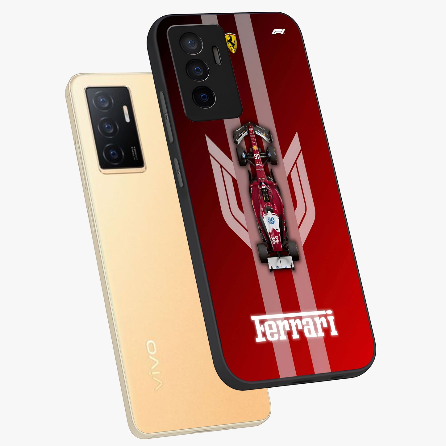Red Ferrari F1 Vertical Glass Case displayed in angled mockup highlighting high speed racing design with bold automotive aesthetic.