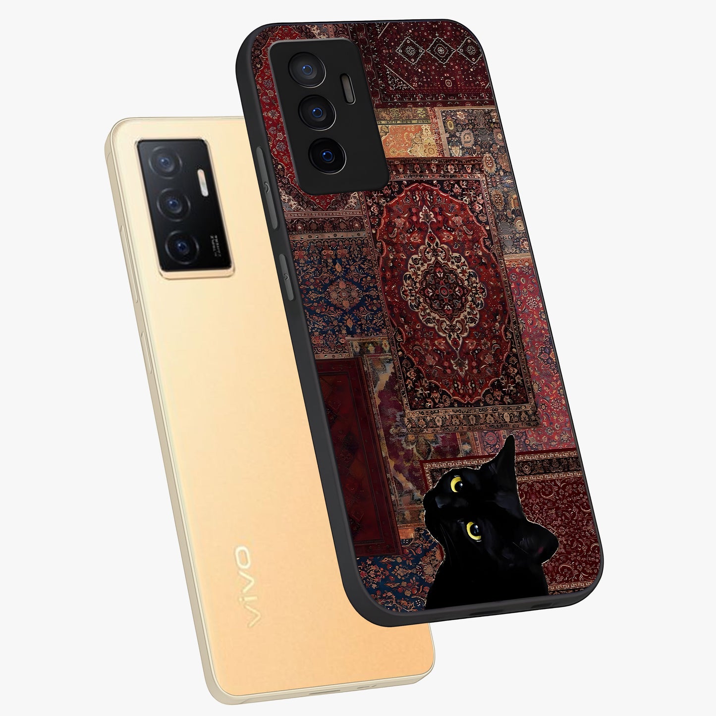 Regal Magic Cat Apple Glass Case displayed in angled mockup highlighting whimsical feline design with fantasy aesthetic.