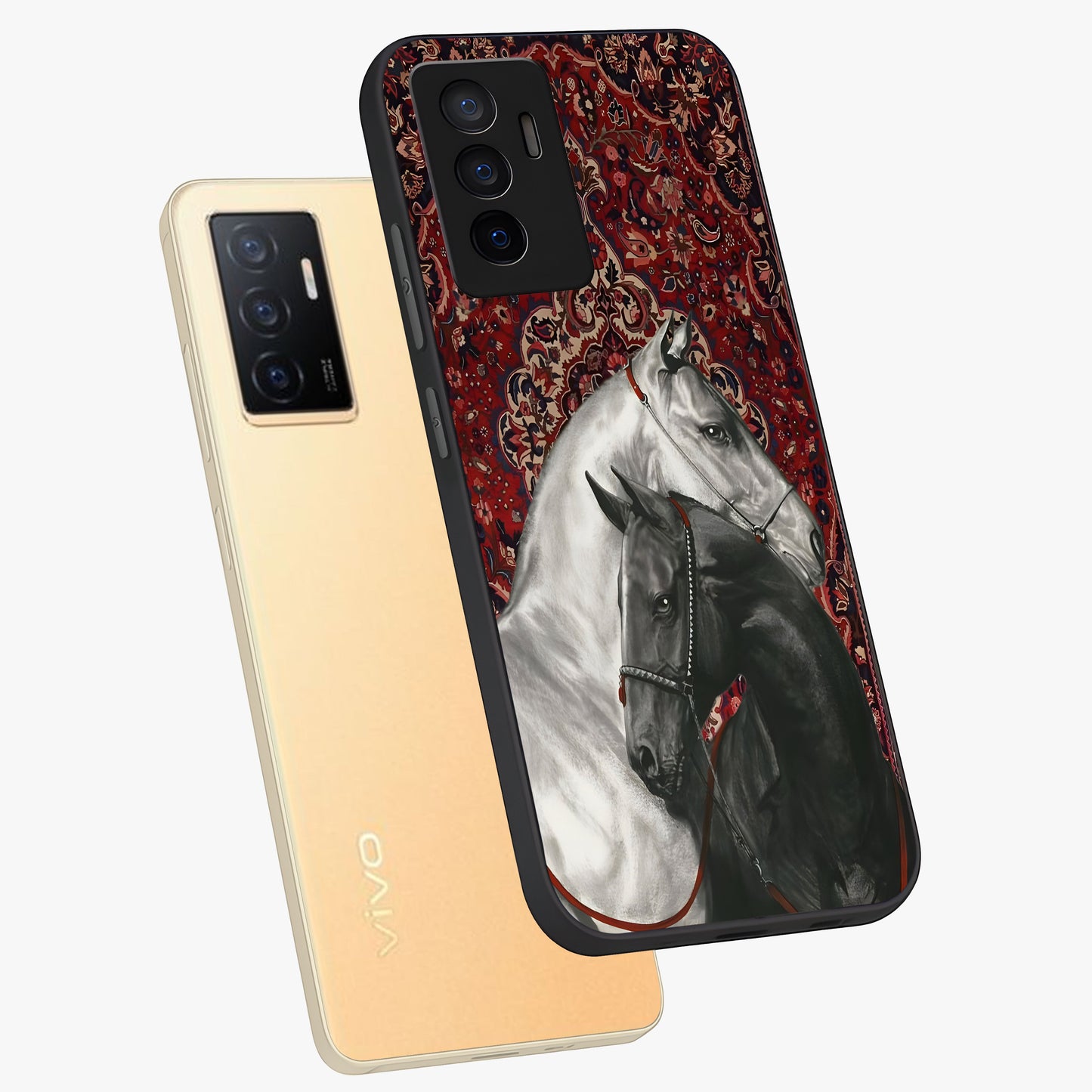 Regal Stallion Tapestry Glass Case displayed in angled mockup highlighting royal stallion design with decorative heritage aesthetic.