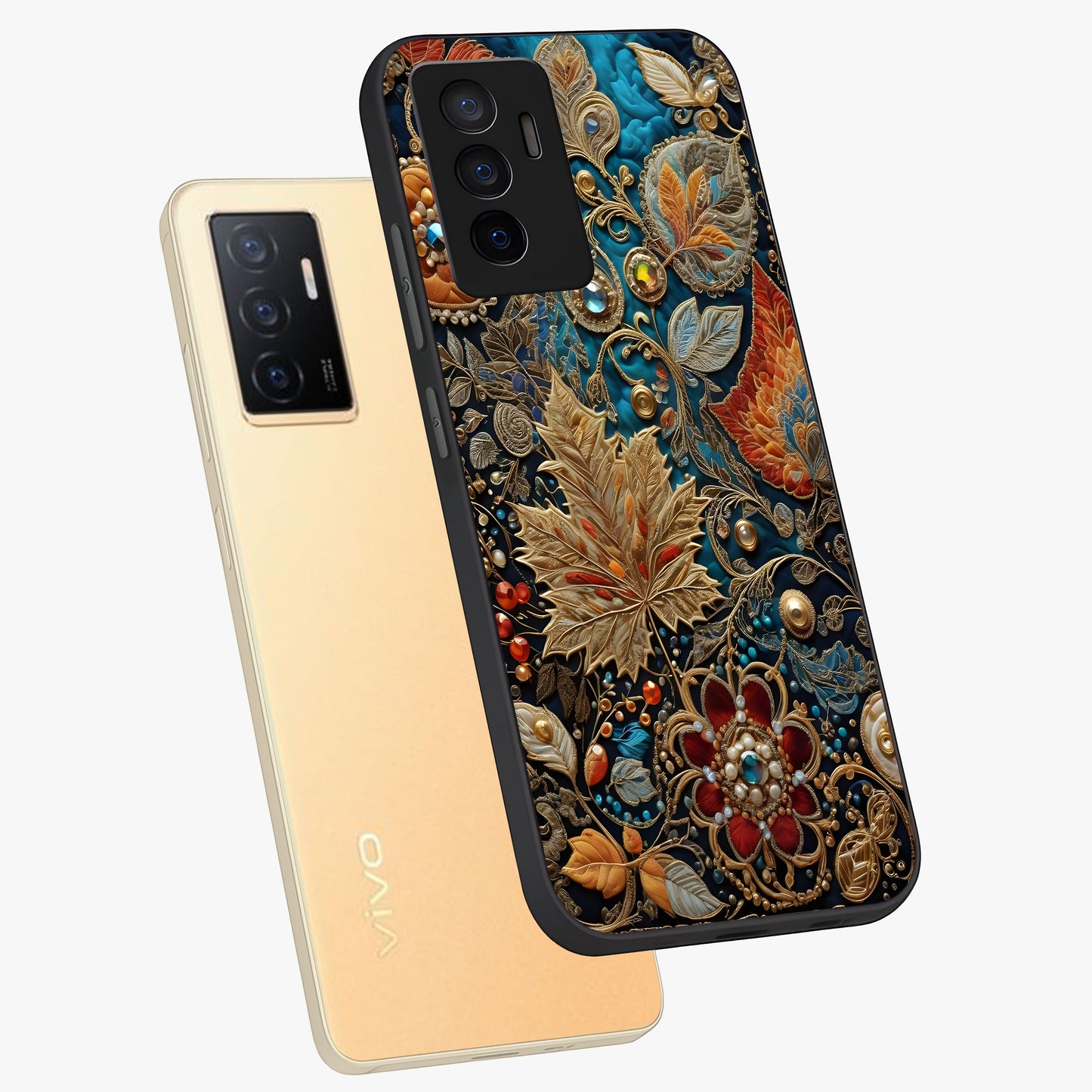 Royal Jewel Garden Glass Case displayed in angled mockup highlighting vibrant jewel inspired floral design with elegant aesthetic.