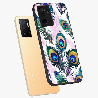 Royal Peacock Feathers Glass Case displayed in angled mockup highlighting vibrant feather pattern with regal aesthetic style.