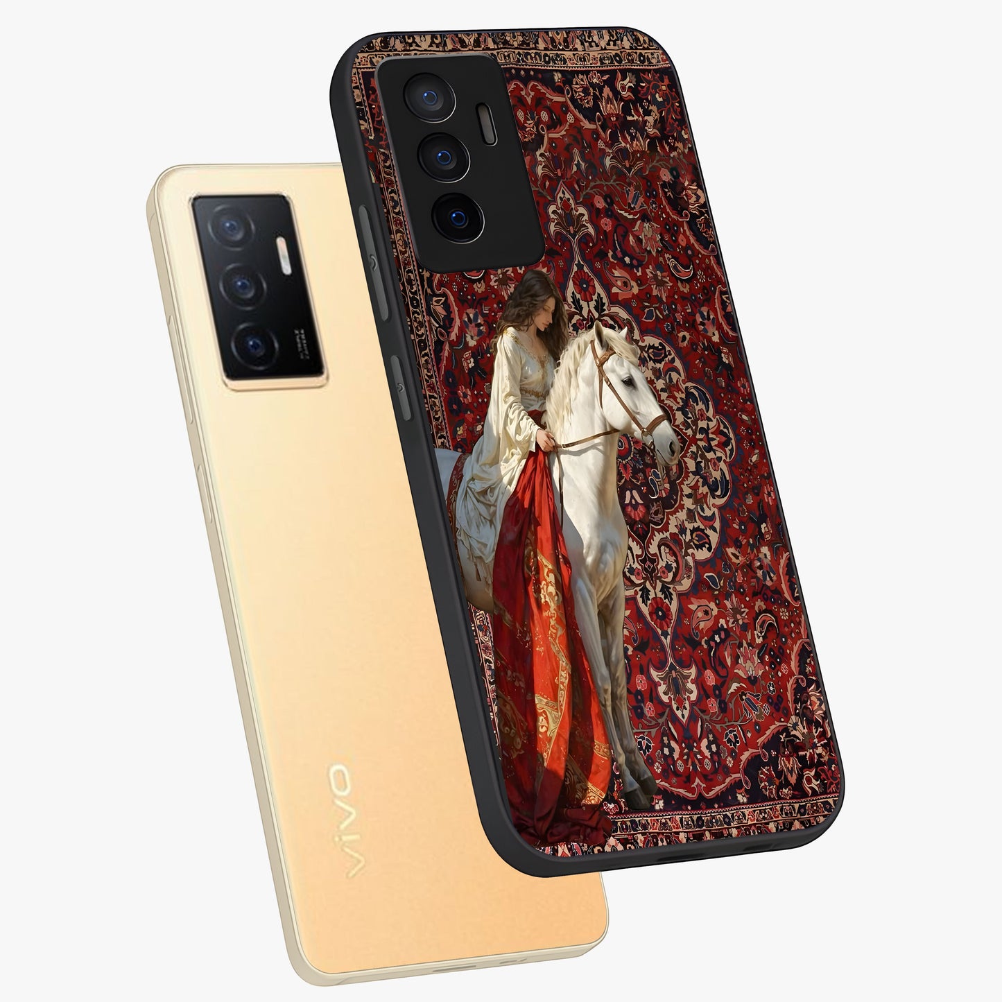 Royal Rider Tapestry Glass Case displayed in angled mockup highlighting traditional tapestry design with royal heritage aesthetic.