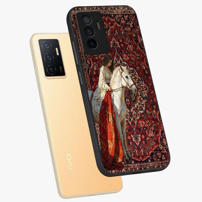 Royal Rider Tapestry Glass Case displayed in angled mockup highlighting traditional tapestry design with royal heritage aesthetic.