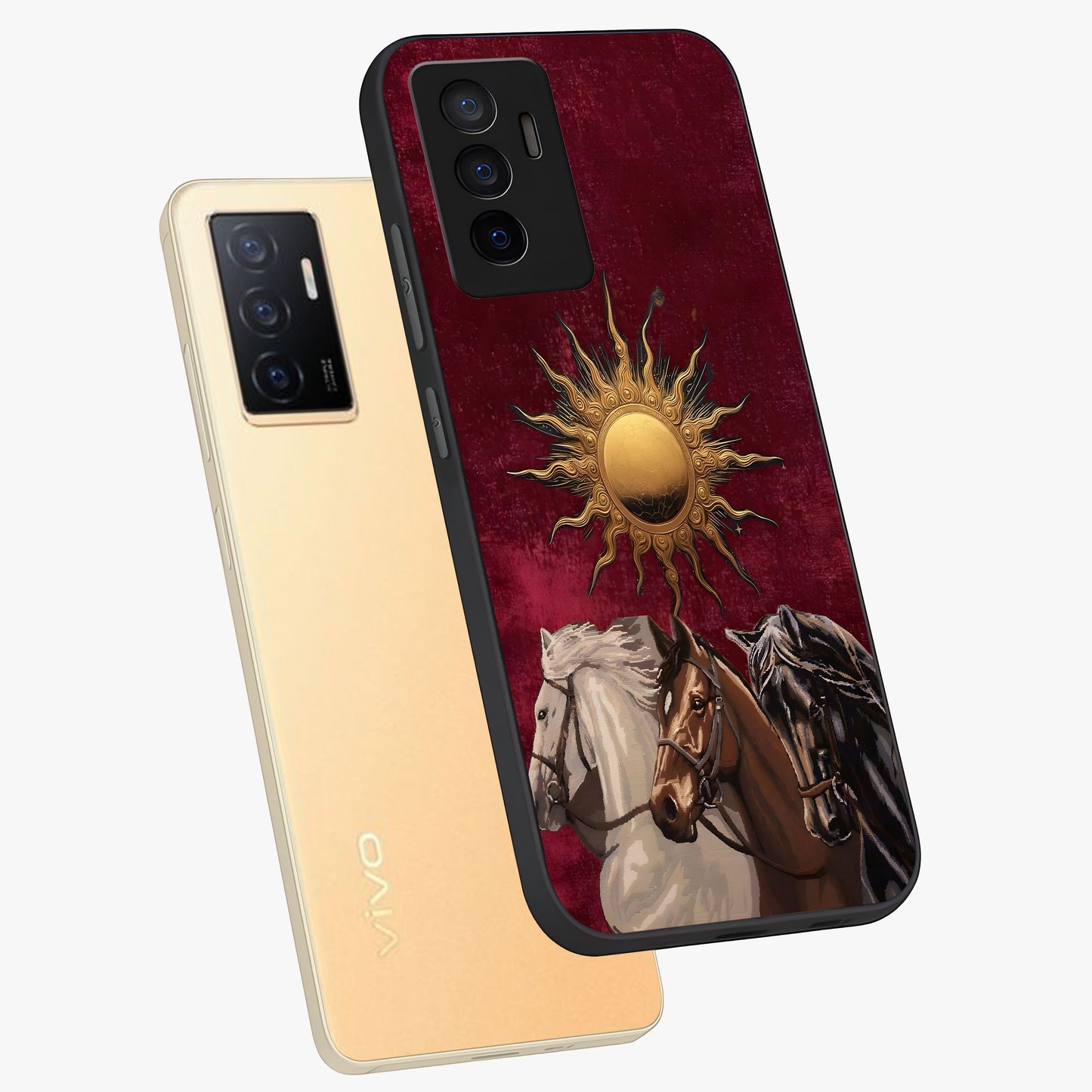 Solar Riders Glass Case displayed in angled mockup highlighting powerful rider illustration with radiant solar aesthetic.