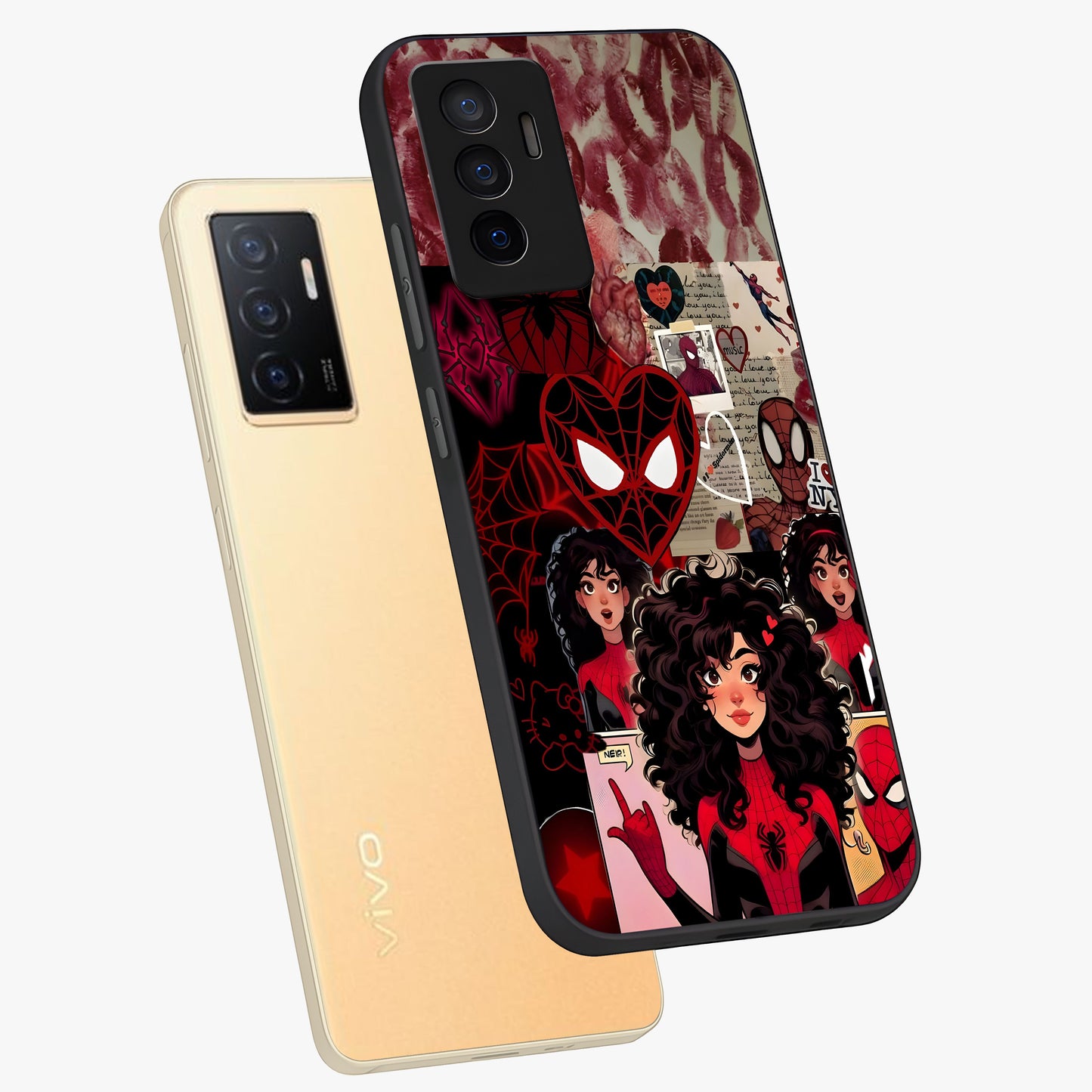Spider Love Story Glass Case displayed in angled mockup highlighting expressive comic inspired design with playful aesthetic.