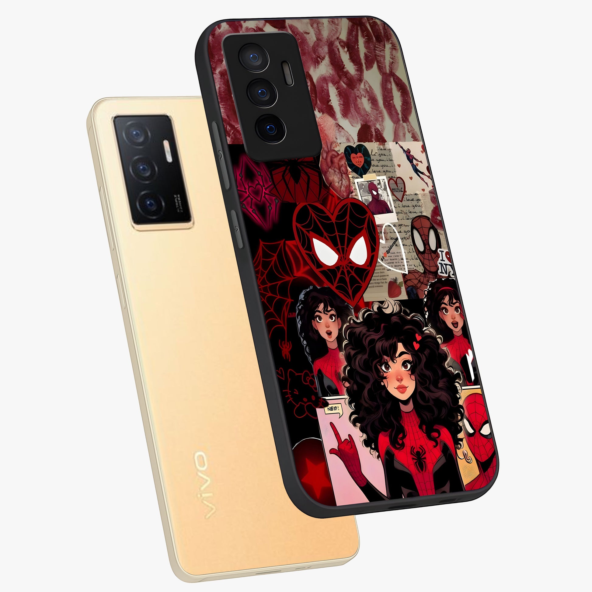 Spider Love Story Glass Case displayed in angled mockup highlighting expressive comic inspired design with playful aesthetic.