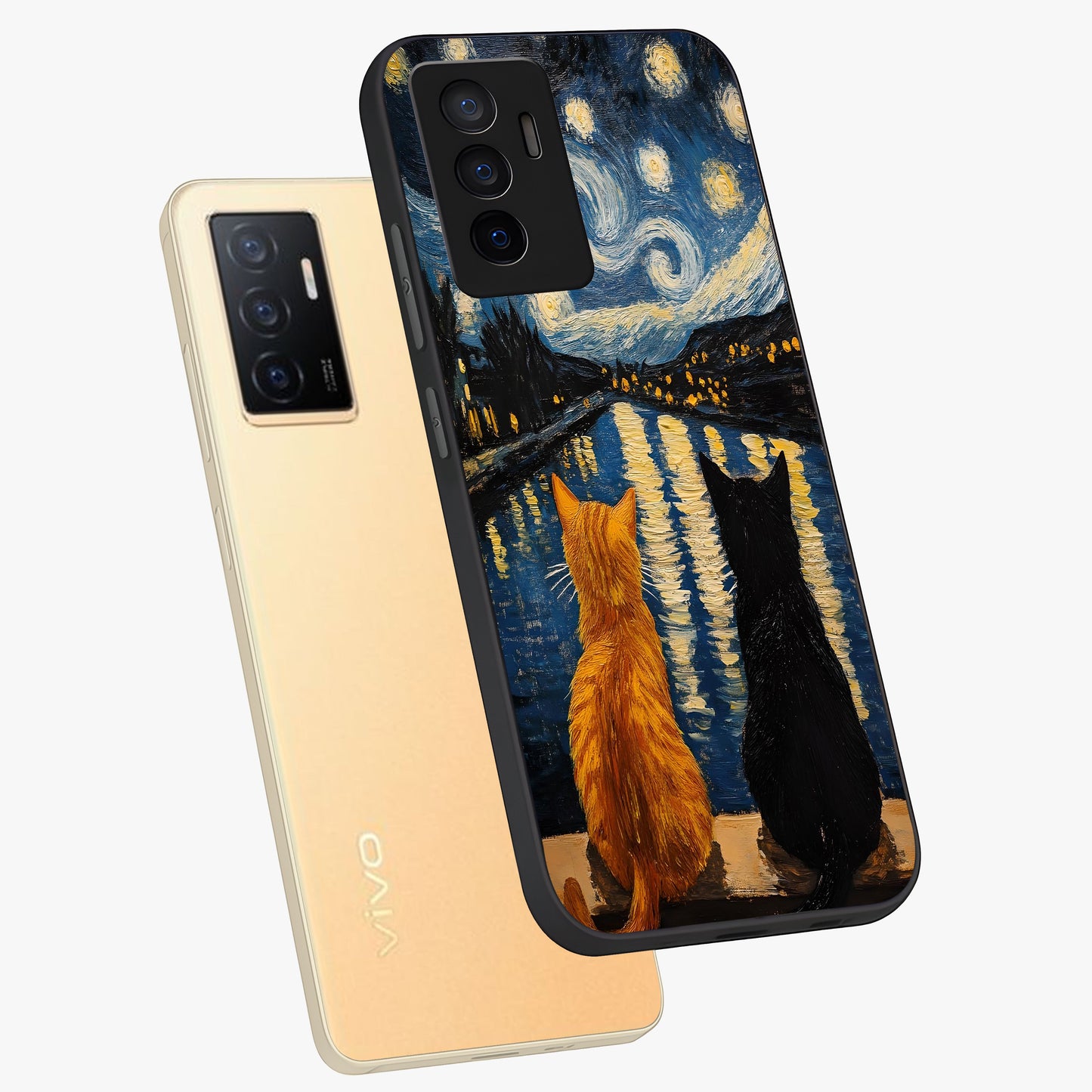 Starry River Cats Glass Case displayed in angled mockup highlighting charming feline illustration with dreamy night aesthetic.