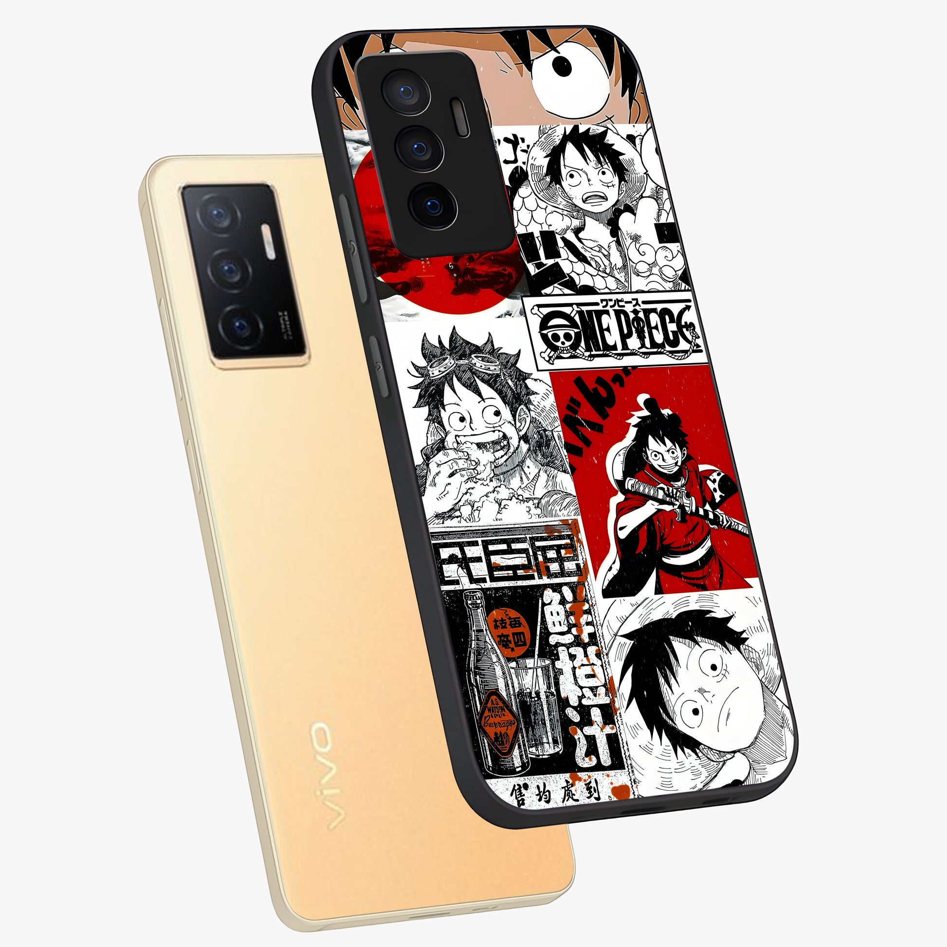 Strawhat Chaos Panels Glass Case displayed in angled mockup highlighting vibrant anime collage design with action aesthetic.