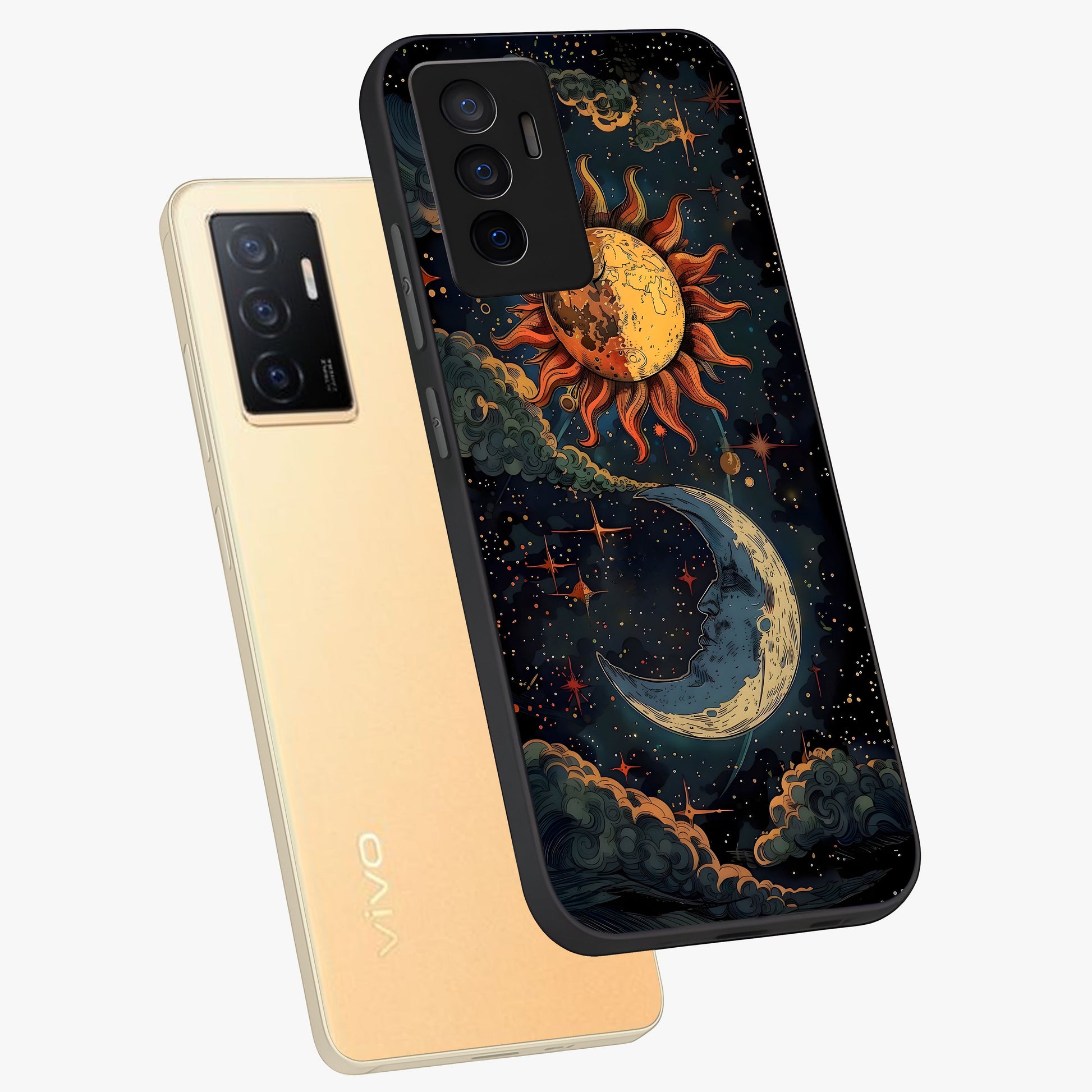 Sun And Moon Magic Design Glass Case displayed in angled mockup highlighting celestial design with magical cosmic aesthetic.