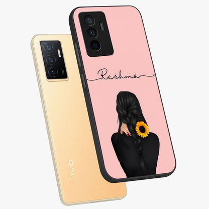 Sunflower Braid Beauty With Custom Name Glass Case displayed in angled mockup highlighting elegant sunflower design with custom name feature.