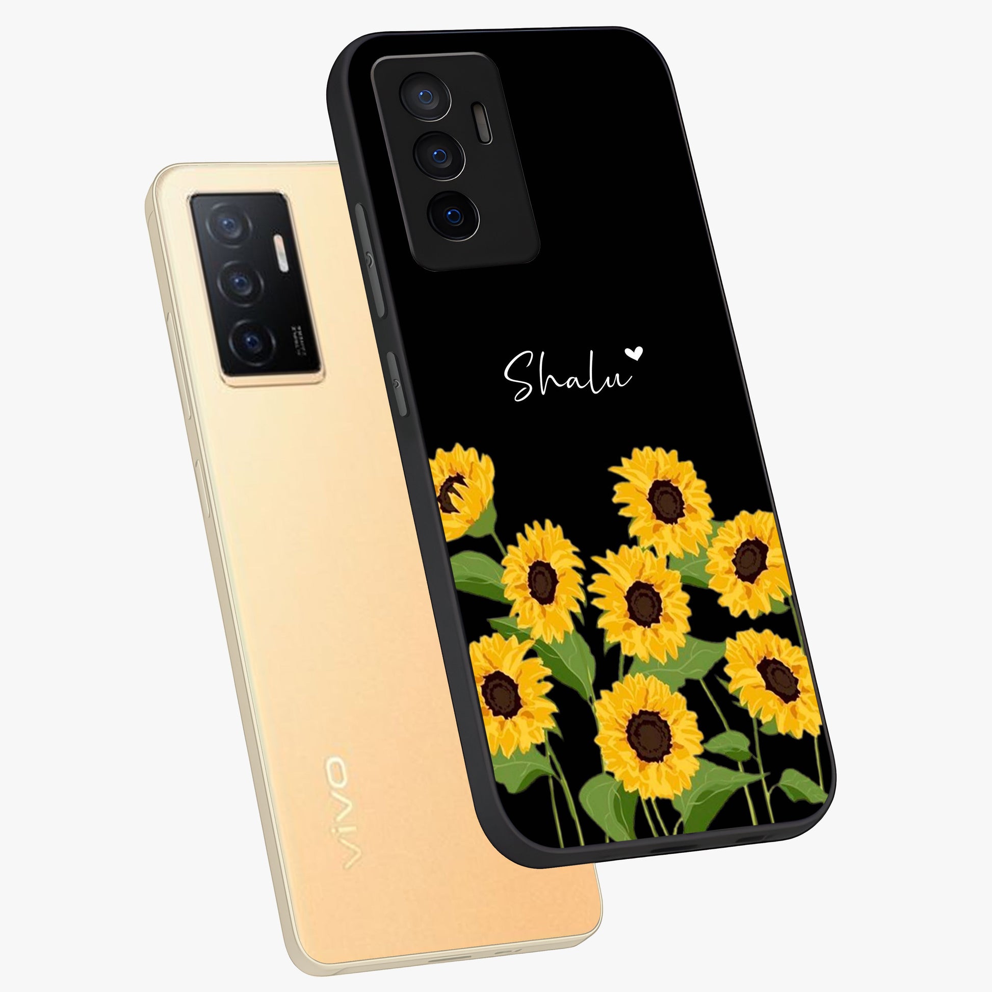 Sunflower Chic Mood Custom Name Glass Case displayed in angled mockup highlighting vibrant sunflower design with custom name feature.