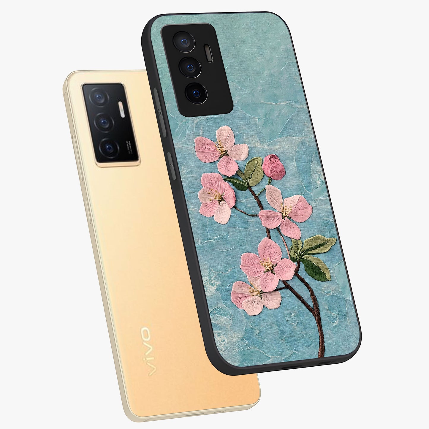 Threaded Blossom Breeze Glass Case displayed in angled mockup highlighting elegant floral design with soft aesthetic style.