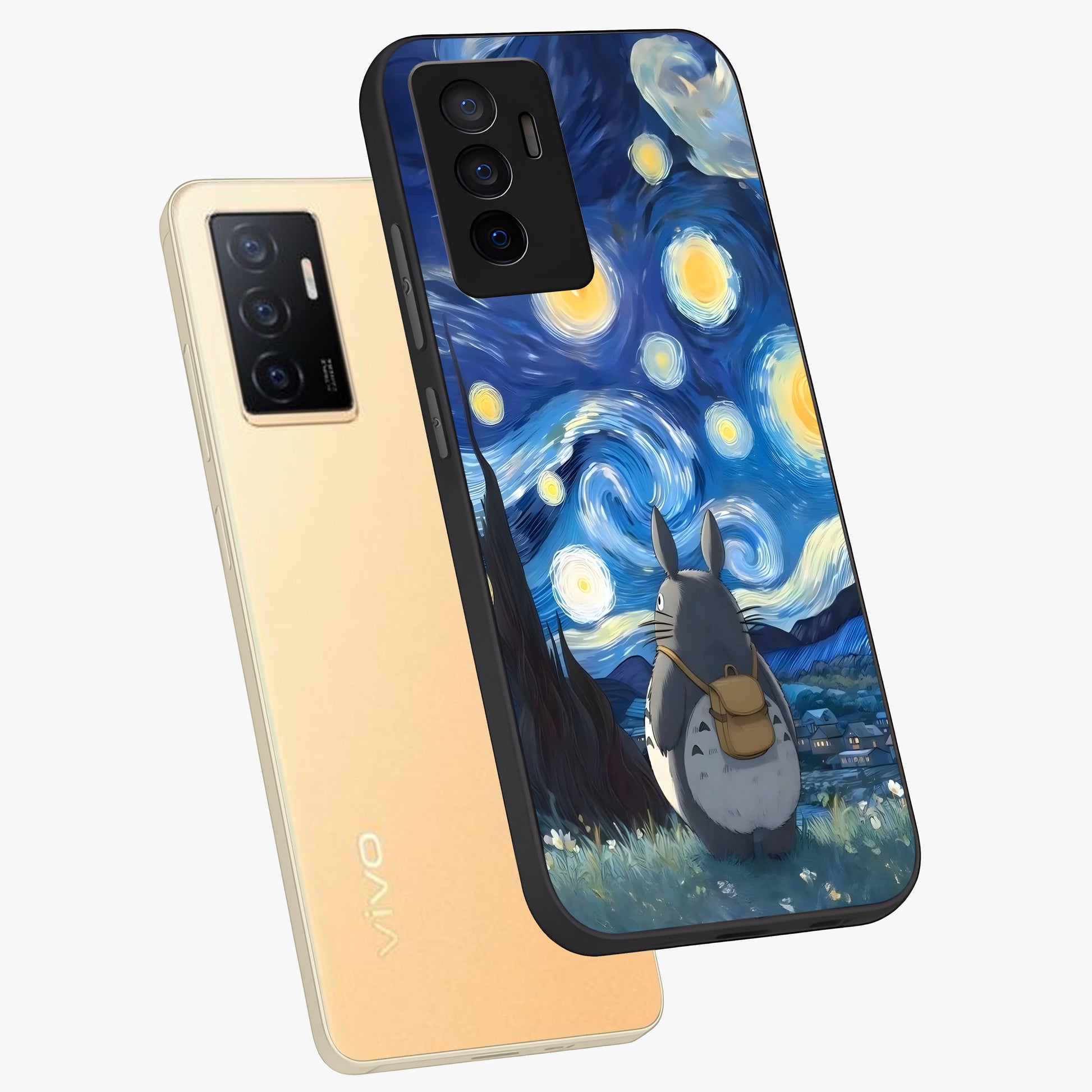 Totoro In Van Gogh Art Glass Case displayed in angled mockup highlighting artistic swirling sky design with playful animation aesthetic.