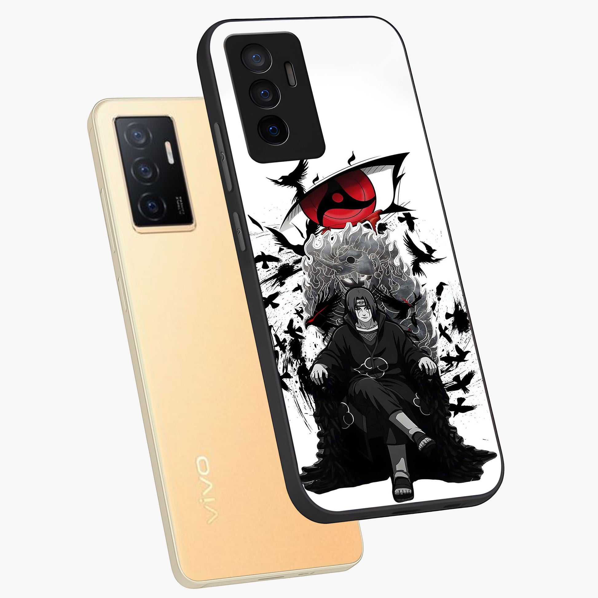 Uchiha Shadow Throne Glass Case displayed in angled mockup highlighting glowing aquatic design with celestial aesthetic.