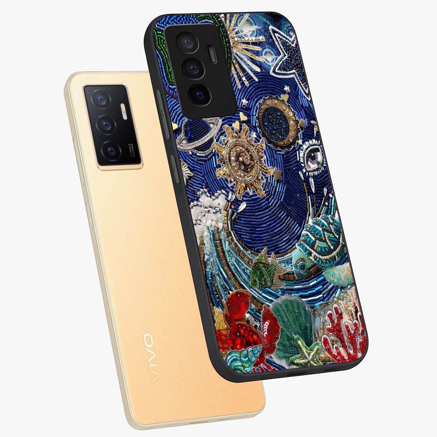 Universe Underwater Spark Glass Case displayed in angled mockup highlighting glowing aquatic design with celestial aesthetic.