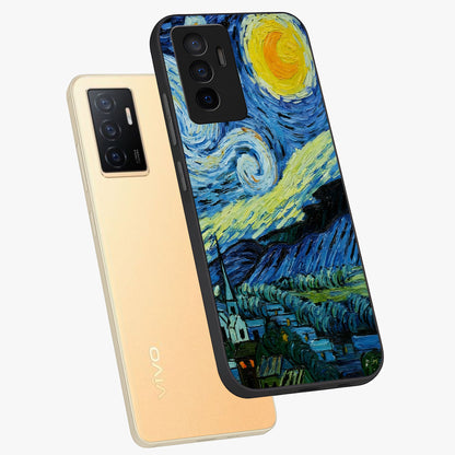 Van Gogh Art Glass Case displayed in angled mockup highlighting swirling brushstroke design with artistic aesthetic.
