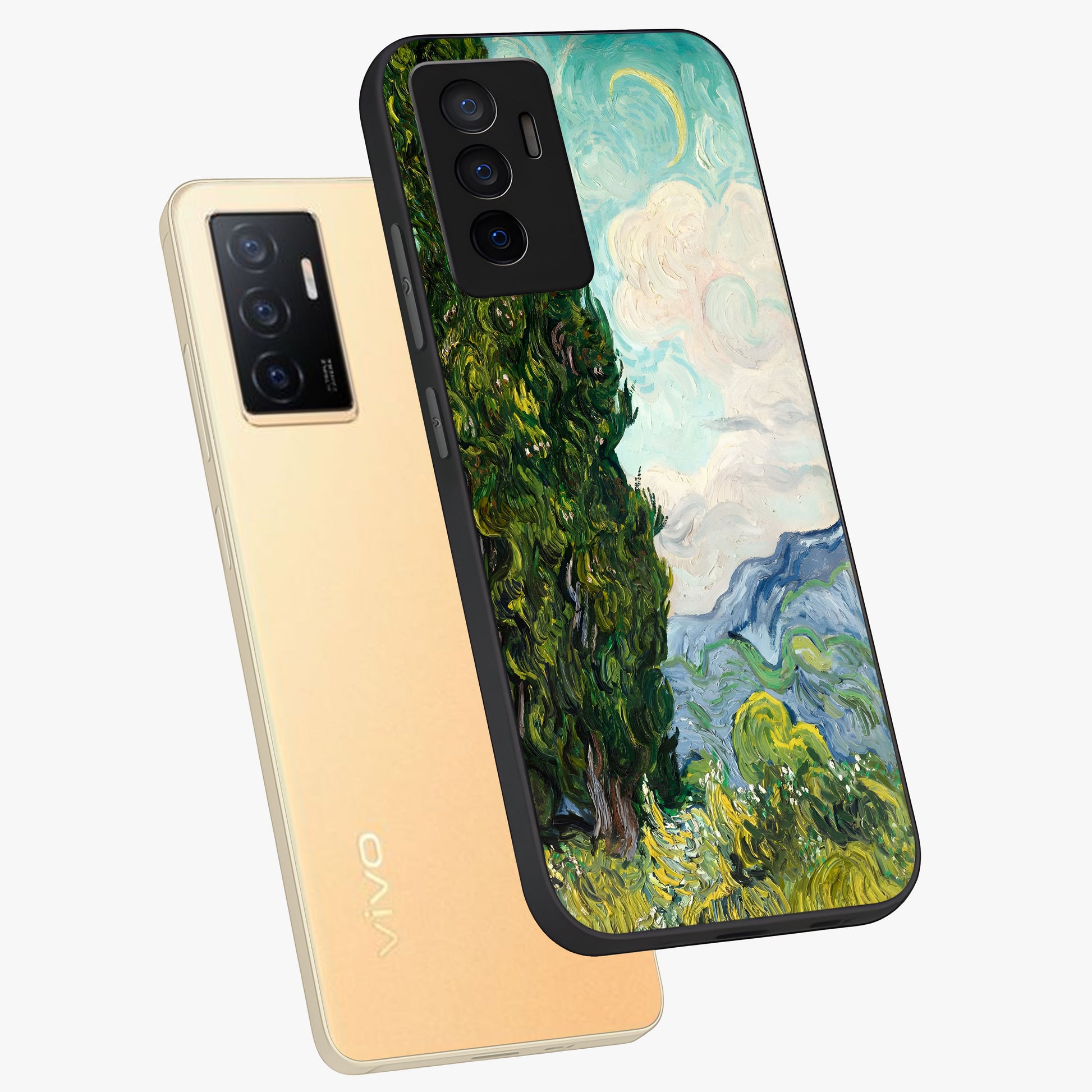 Van Gogh Vintage Art Glass Case displayed in angled mockup highlighting textured brushstroke design with classic aesthetic.