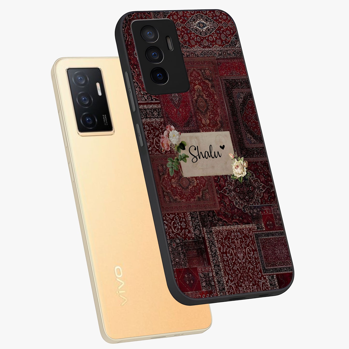 Velvet Wine Pattern Custom Name Glass Case displayed in angled mockup highlighting decorative velvet inspired design with custom name feature.