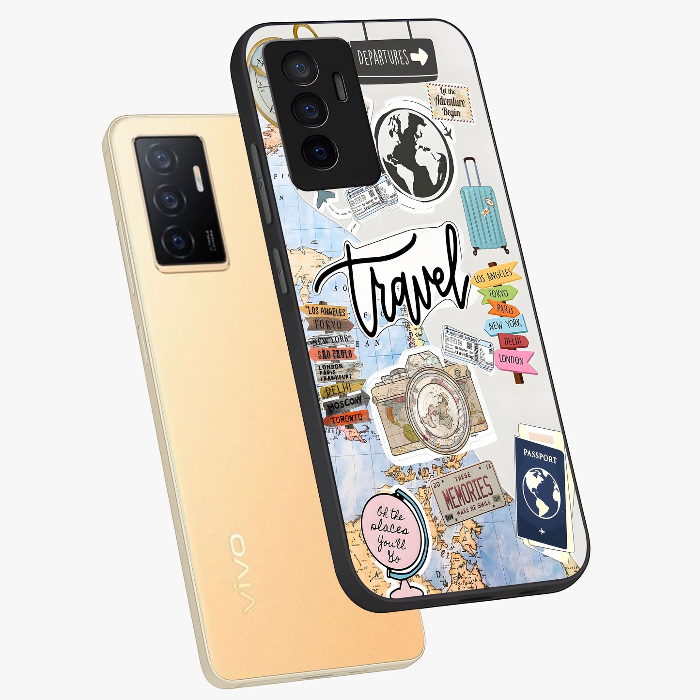 Wanderlust Journal Glass Case displayed in angled mockup highlighting adventure themed design with aesthetic travel vibe.