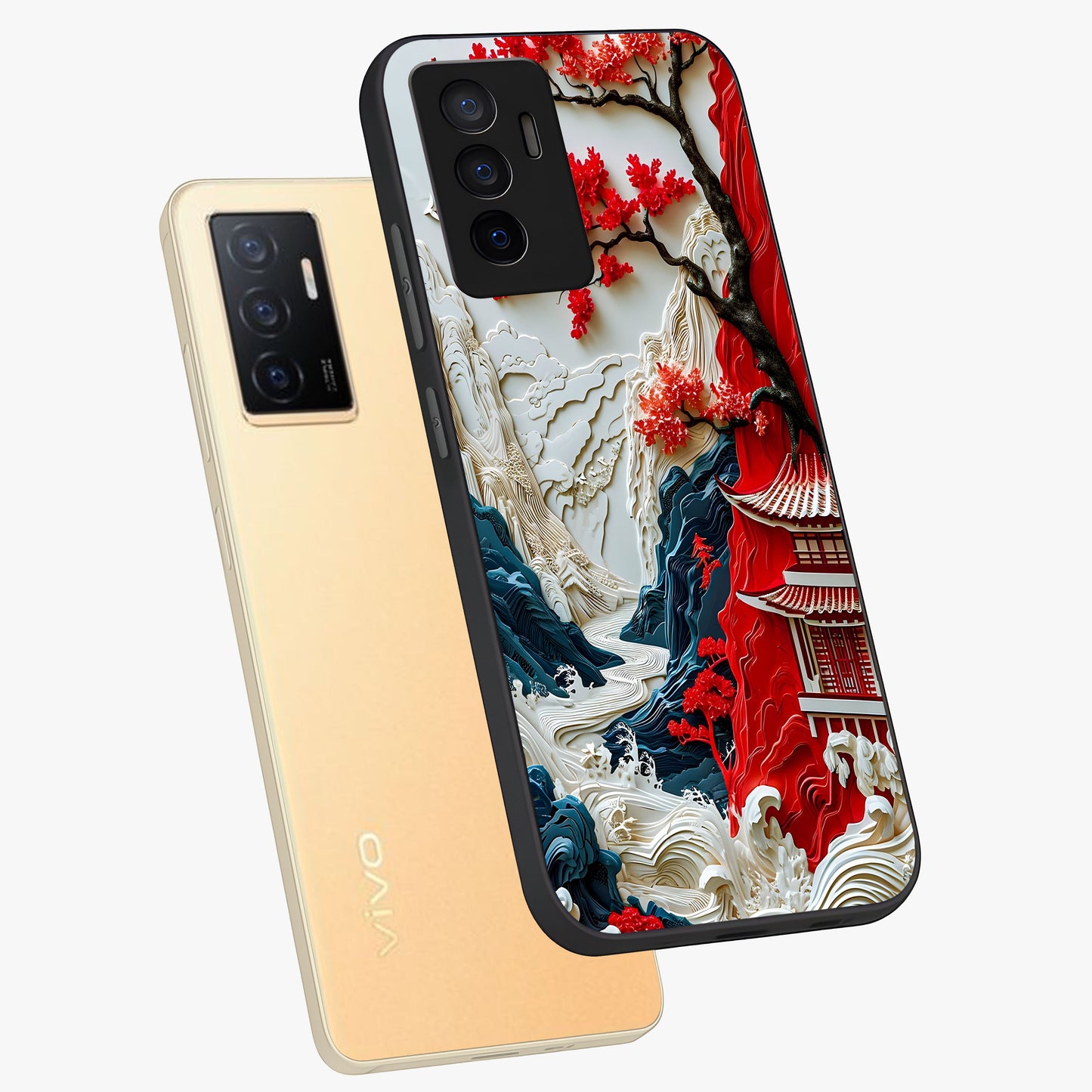 Whispers Of Sakura Waves Glass Case displayed in angled mockup highlighting flowing sakura design with soft floral aesthetic.