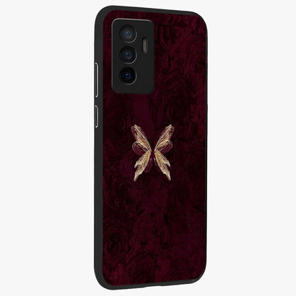 Crimson Fade Butterfly Glass Case upright view showcasing graceful butterfly artwork with soft crimson fade effect.