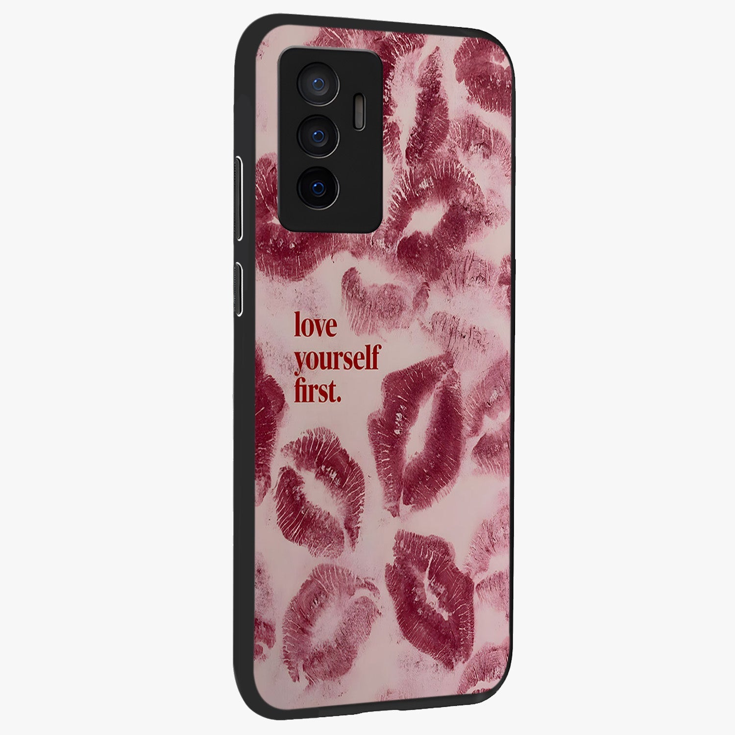 Crimson Kiss Love Glass Case upright view showcasing expressive romantic artwork with deep crimson theme.