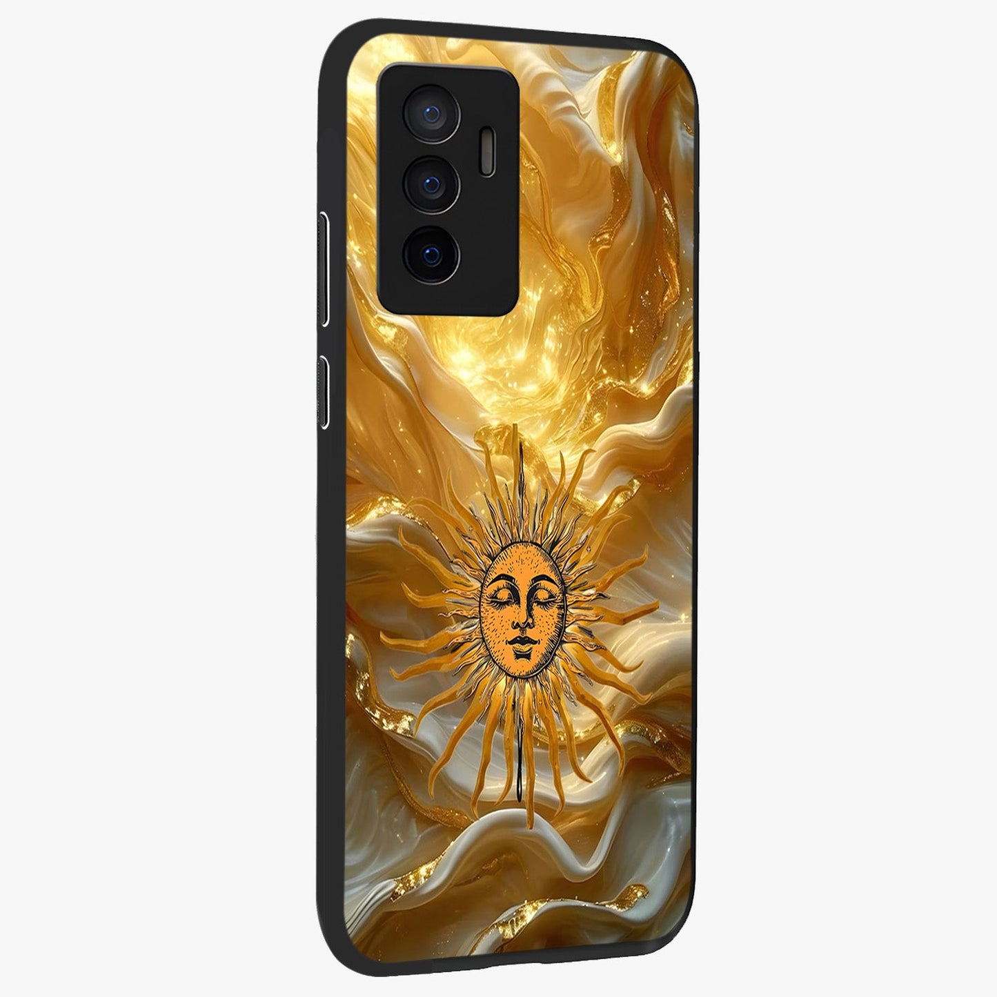 Eternal Golden Glow Glass Case upright view showcasing luminous golden artwork with luxurious visual theme.
