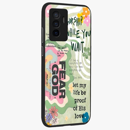 Faith Over Fear Glass Case upright view showcasing bold typography artwork with uplifting motivational theme.