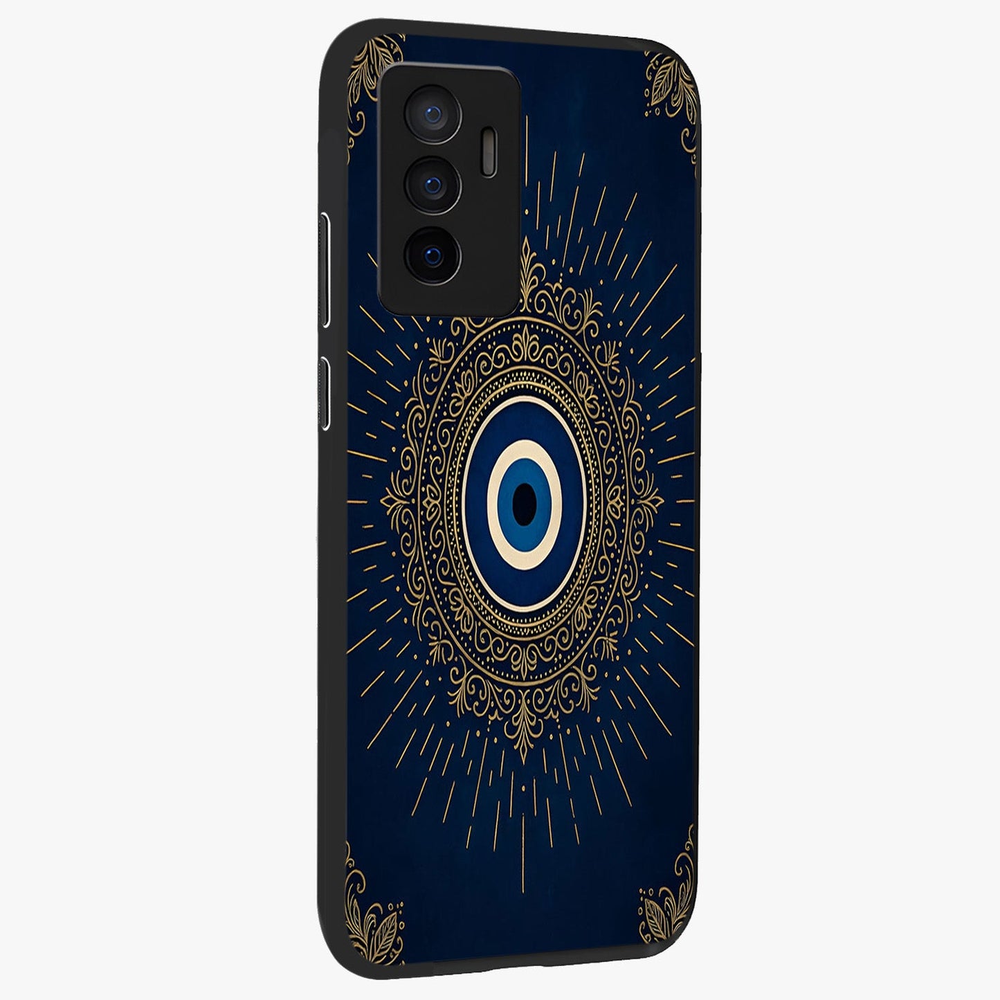 Golden Celestial Charm Glass Case upright view showcasing radiant celestial artwork with elegant golden theme.